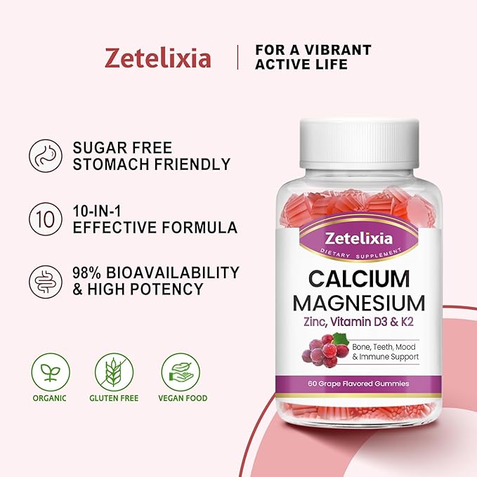 Calcium Gummies for Women Men, Calcium Magnesium Zinc with Vitamin D3 & K2, Calcium Magnesium Supplement for Bones Muscles and Joints, Grape Flavor - 60 Count