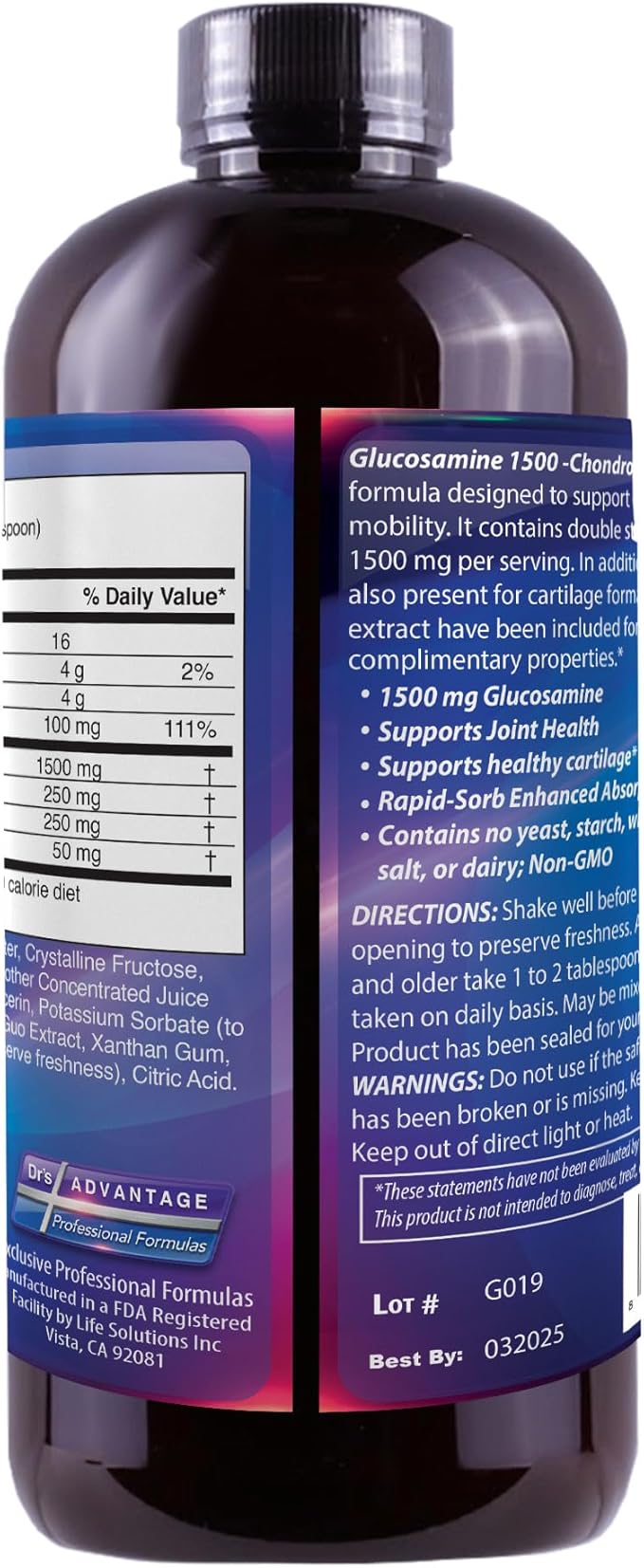 Dr's Advantage Liquid Glucosamine 1500- Chondroitin-MSM 16oz, Brown, DA867