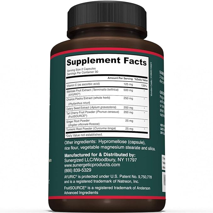 Sunergetic Premium Uric Acid Support Supplement – Uric Acid Cleanse & Kidney Support – Includes Tart Cherry, Chanca Piedra, Celery Extract & Turmeric - Uric Acid Support Formula – 60 Veggie Capsules
