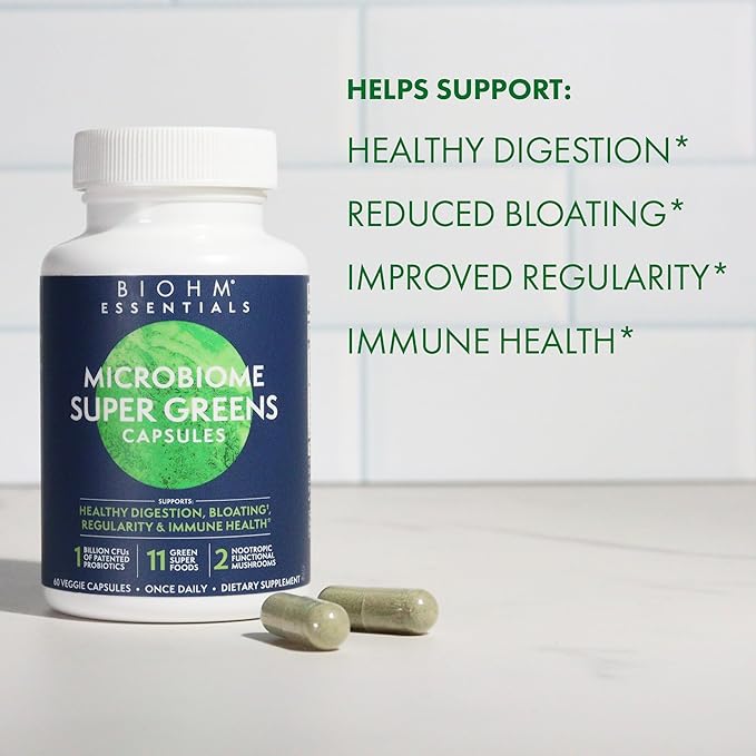 BIOHM Microbiome Super Greens Veggiecaps 11 Green 2 Nootropic 60 count (30 Servings)
