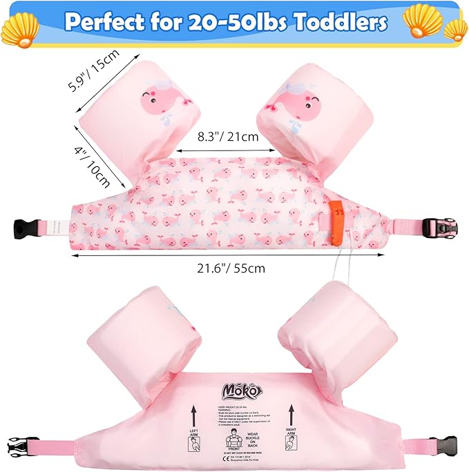 Moko Toddler Swim Vest for Kids, 20-50 lbs/22-66 lbs Clearance Swim Arm Band Cartoon Swimming Wings Pool Float Vests Sleeves Shoulder Straps Arm Floaties for Children Learn to Swim