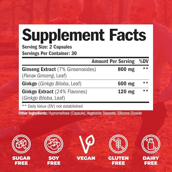 Ginseng + Ginkgo Biloba Supplements. Extra 800mg + 600mg + 120mg