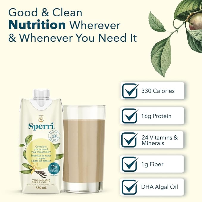 Sperri Plant-Based Meal Replacement Shake – Organic Protein Drink Made with Hemp & Pea Protein – Vegan Gluten-Free Dairy-Free Ready to Drink – Vanilla Flavor, 11.16 fl. oz. (12 Pack)