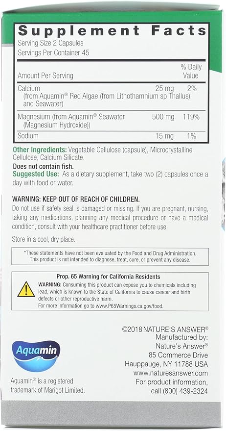 Nature's Answer Marine Based Magnesium, Super Concentrated 500mg | Plant Based | Red Algae & Seawater Derived | Alcohol-Free & Gluten-Free | Vegetarian Capsules 90ct