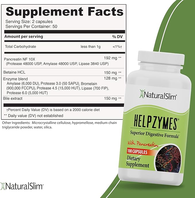 NaturalSlim Helpzymes Digestive Enzymes for Digestion, 100 Caps (3 Pack)