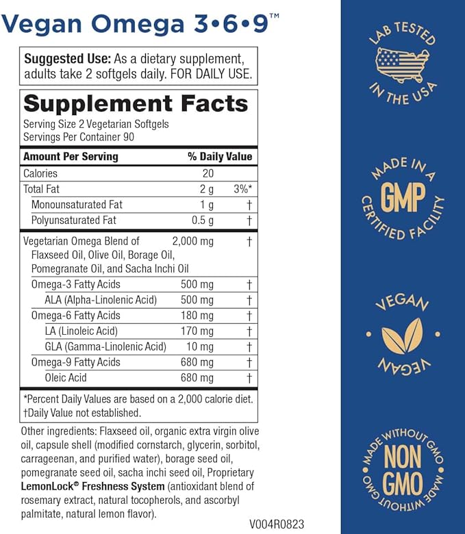Purity Products Omega 3-6-9 Vegan Omega Formula “5 in 1” Essential 3 6 6 9 9 Essential 3 Month 180 Softgels