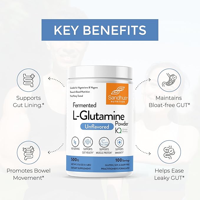 Sandhu's L-Glutamine Powder 100 Servings, 500 Gram, 17.6 Oz., 3 Months