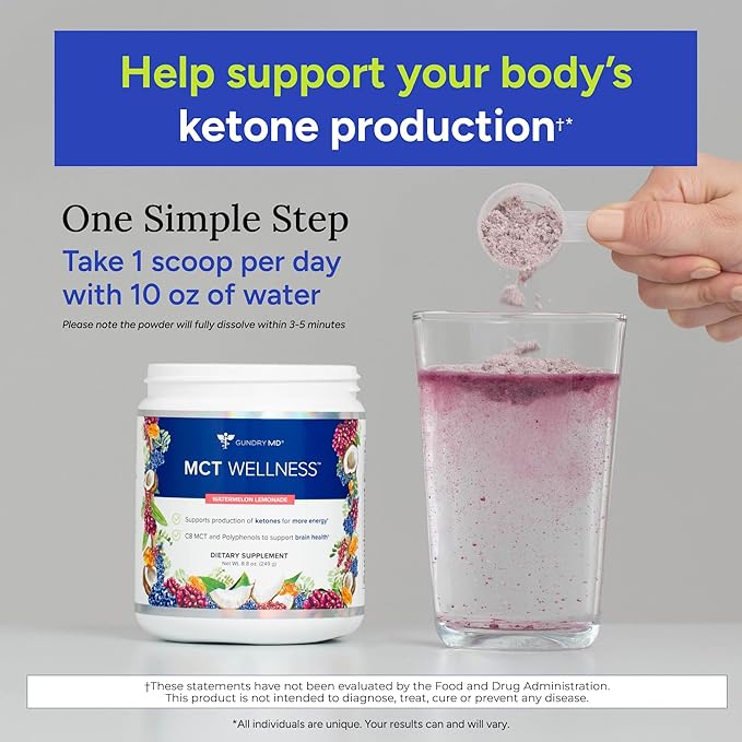 Gundry MD MCT Wellness Powder to Support Energy, Ketone Production and Brain Health, Keto Friendly, Sugar Free (30 Servings) (Watermelon Lemonade)