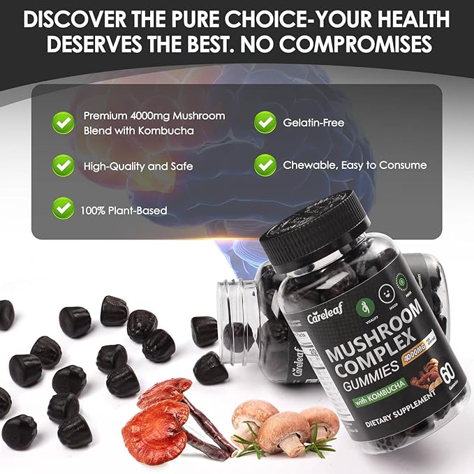 9 in 1 Mushroom Gummies with Lion's Mane for Focus and Energy Supplement to Support Immune System De-Stress Boost Mood & Energy 60 Count Kombucha Flavor