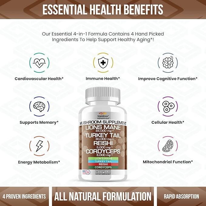 Stamiron Lions Mane Supplement Turkey Tail Mushroom Capsules with Cordyceps Extract & Reishi Mushrooms - Alt to Mushroom Gummies, Mushroom Powder, Mushroom Coffee - 90 Count
