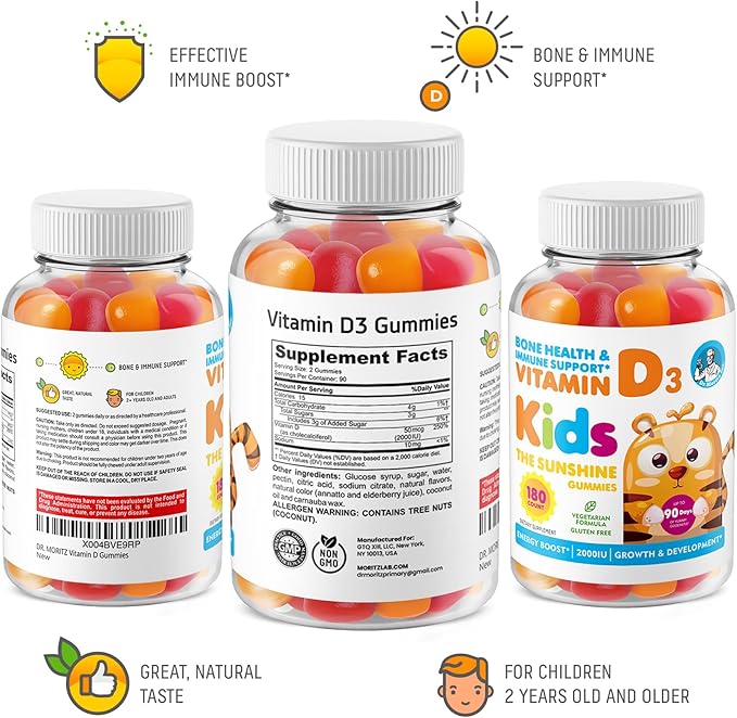DR. MORITZ Kids Vitamin D Gummies - Vegetarian Vitamin D Kid Gummies - Vitamin D3 Gummies 2000 IU Per Serving - Gelatin-Free Chewable Vitamin D Gummie