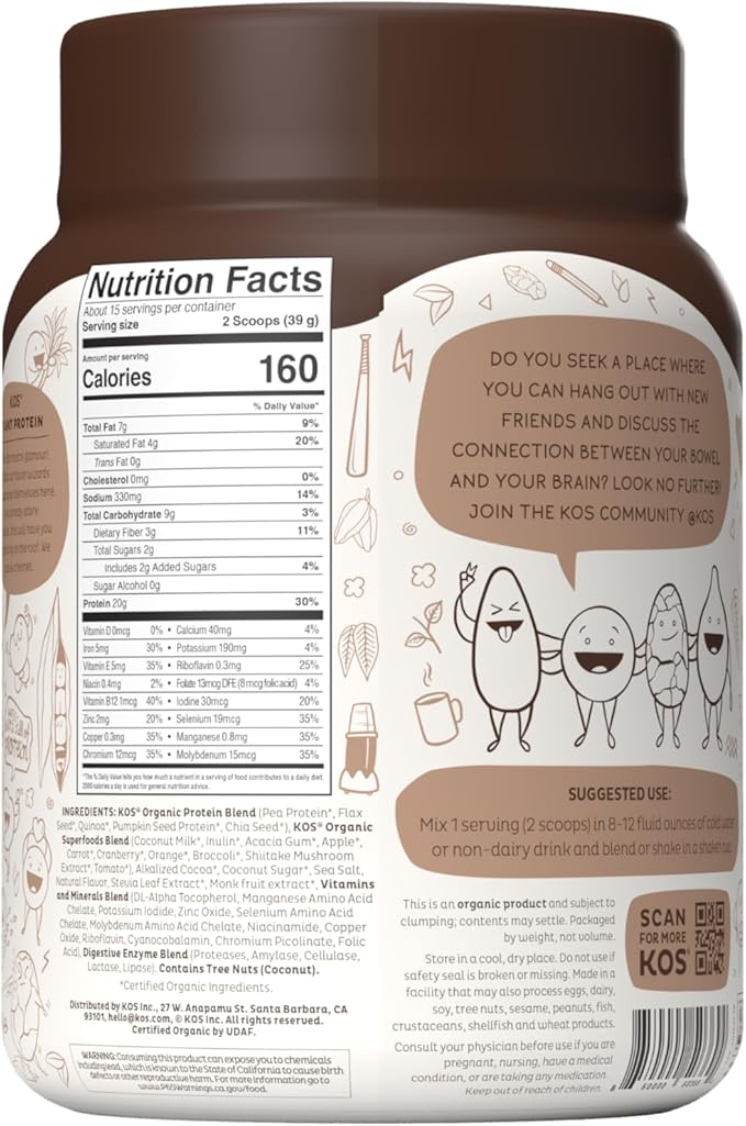 KOS Plant Based Protein Powder, Chocolate 15 Servings