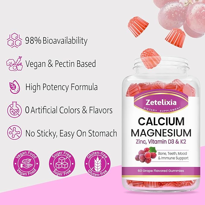 Sugar Free Calcium Gummies for Women D3 & K2, Calcium 60 Count