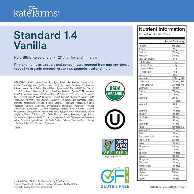 KATE FARMS Organic 1.4 High Calorie 20g Protein, 27 Vitamins 11 oz (6 Pack)