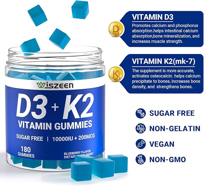Sugar-Free Vitamin D3 K2 Gummies, Vitamin D3 10000iu & Vitamin K2(MK7) 200mcg with Calcium, Magnesium, Vitamin B12 for Bone Muscle Teeth Immune, Vegan