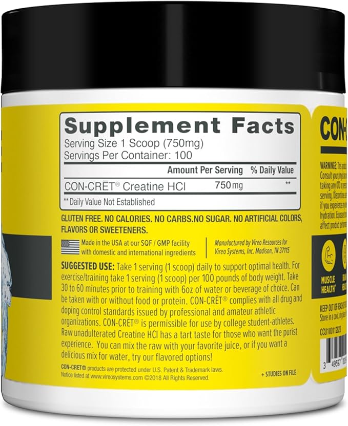 Creatine HCl Powder | Muscle, Cognitive, Cellular Energy Support | No Bloating or Cramps | USA Made & NSF Certified | Unflavored (100 Serving)