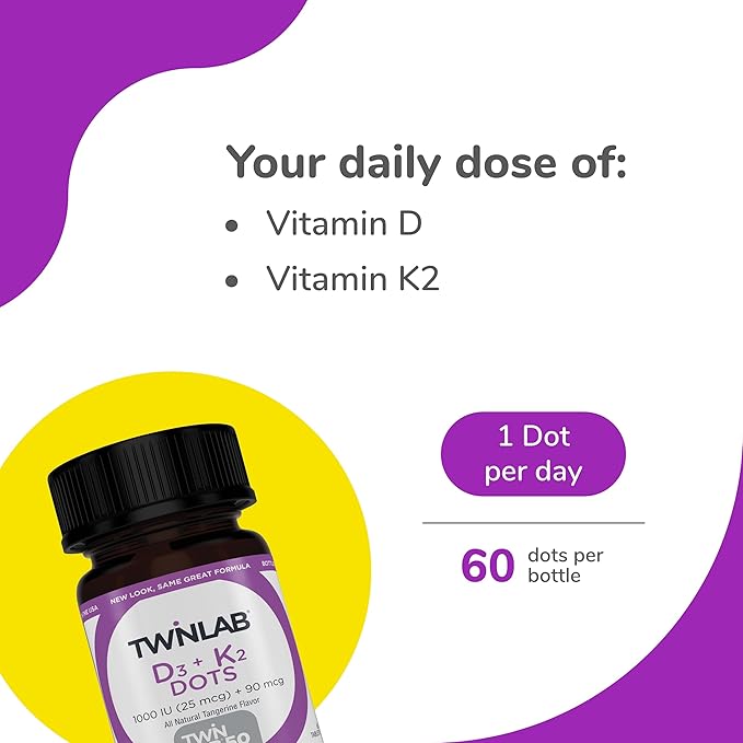 Twinlab Vitamin D3 1000 + K2 Dots 25 mcg, 60 Tablets (1000 IU)