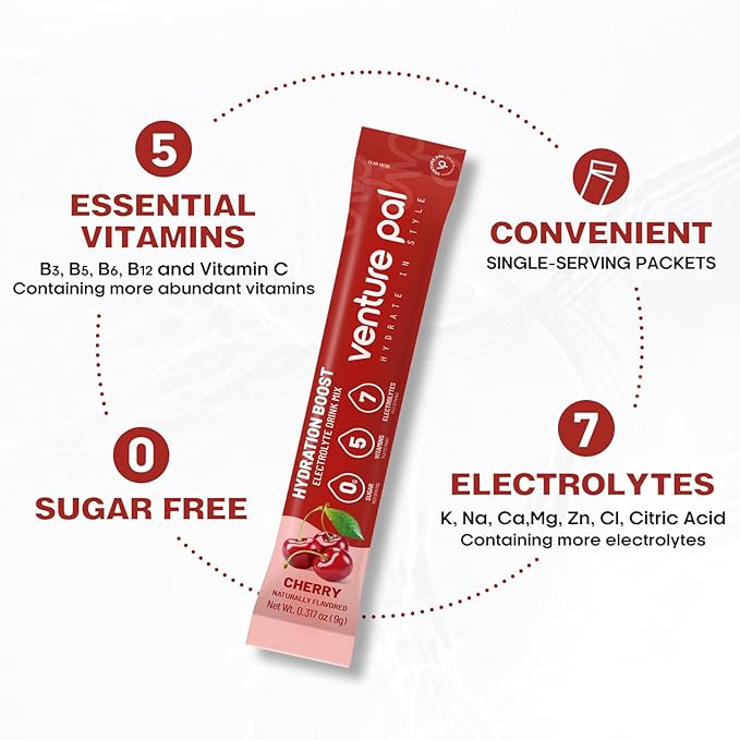 Venture Pal Sugar Free Electrolyte Powder Packets - Liquid Daily IV Drink Mix for Rapid Hydration & Party Recovery | 5 Vitamins & 7 Electrolytes| Keto Friendly | Non-GMO | Certified Vegan | 16 Sticks