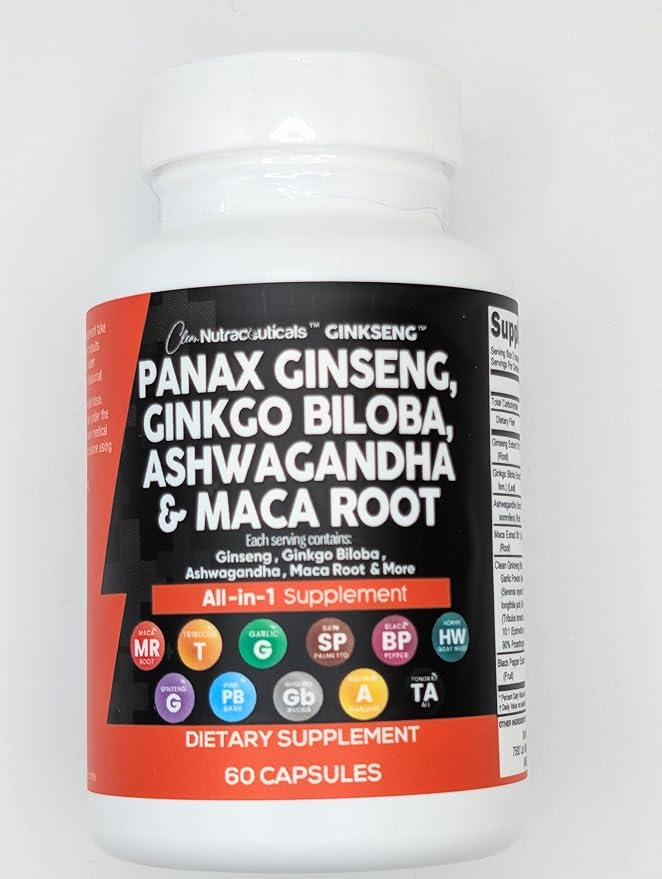 Clean Nutraceuticals Panax Ginseng Ginkgo Biloba Ashwagandha Maca Root - Focus Supplement Pills for Women and Men with Pine Bark Extract, Garlic, and Saw Palmetto - 60 Caps