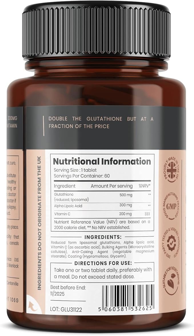 pureclinica Glutathione 1000mg x 60 Tablets. 500mg Glutathione, 300mg ALA, 200mg Vitamin