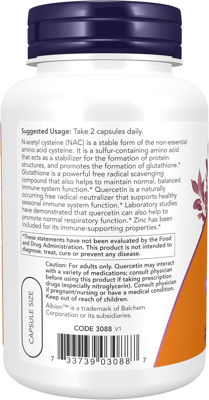 NOW Supplements, NAC Quercetin and Zinc, 1,000 mg 500 mg 15 mg 90 Veg