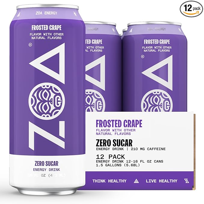 ZOA Zero Sugar Energy Drinks, Frosted Grape - Sugar Free with Electrolytes, Healthy Vitamin C, Amino Acids, Essential B-Vitamins, and Caffeine from Green Tea - 16 Fl Oz (12-Pack)