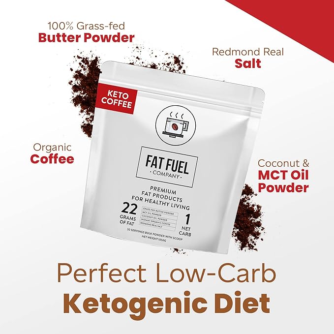 FAT FUEL Keto Coffee 22g Premium Fats - With Grass Fed Butter, MCT Oil, Coconut & Redmond Real Salt - Instant Organic Coffee, One Net Carb, A True Meal Replacement - 30 Bulk Powder Servings
