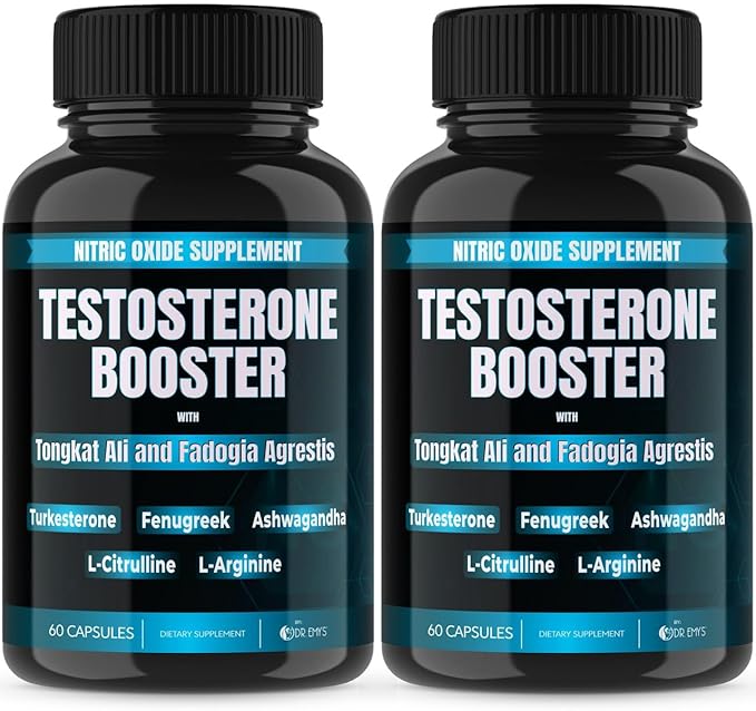 Dr. Emy's (2 Pack Testosterone Booster-Tongkat Ali Fadogia Agrestis Nitric Oxide Ashwagandha Supplement for Men with L Arginine Citrulline Fenugreek - Turkesterone Pre Workout Pump (120 Capsules)