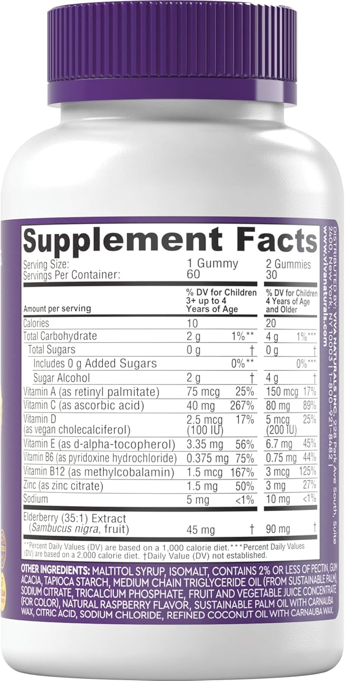 Viva Naturals 8in1 Elderberry Gummies for Kids with Vitamin C, D and Zinc - 60 Sugar Free Kids Immune Support Black Elderberry Gummies - Elderberry Vitamin C and Zinc Immune Support Supplement