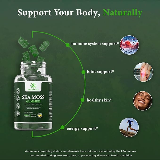 Sea Moss Gummies – Powerful 1500mg Serving | Infused with Bladderwrack, Burdock Root, Black Seed & Ashwagandha | Organic Sea Moss | Lemon Flavor - 60 Gummies