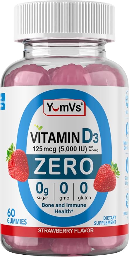 Yum-Vs - Vitamin D3 Gummies with Zero Sugar for Adults & Kids (125 mcg - 60 Count) - Sugar Free Vitamin D Gummies - Vegetarian Gummy Vitamins for Bone Support & Immune Health - Vit D3 Vitamin Chewable