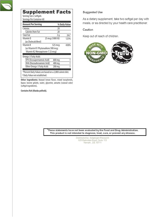 Ultra Omega 1000 with Vitamin D3, K1, K2 K2 | 1000mg of 3 Fatty 120 Softgels