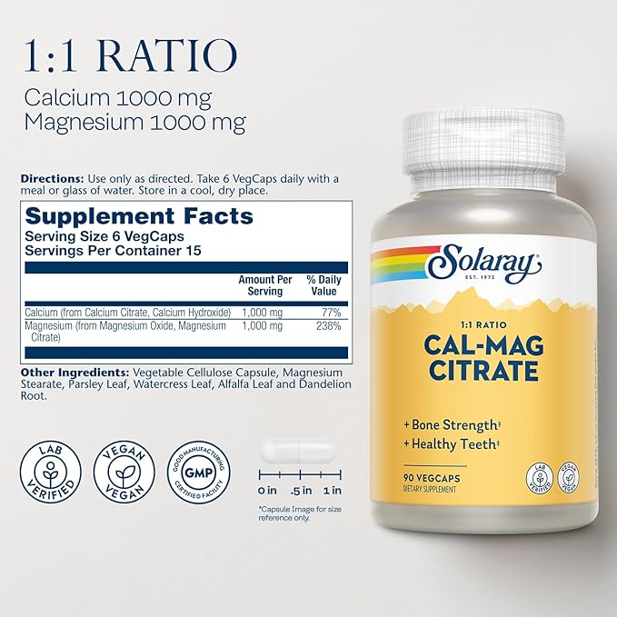 Solaray Calcium Magnesium Citrate 1000mg 1:1 15 Servings, 90 VegCaps