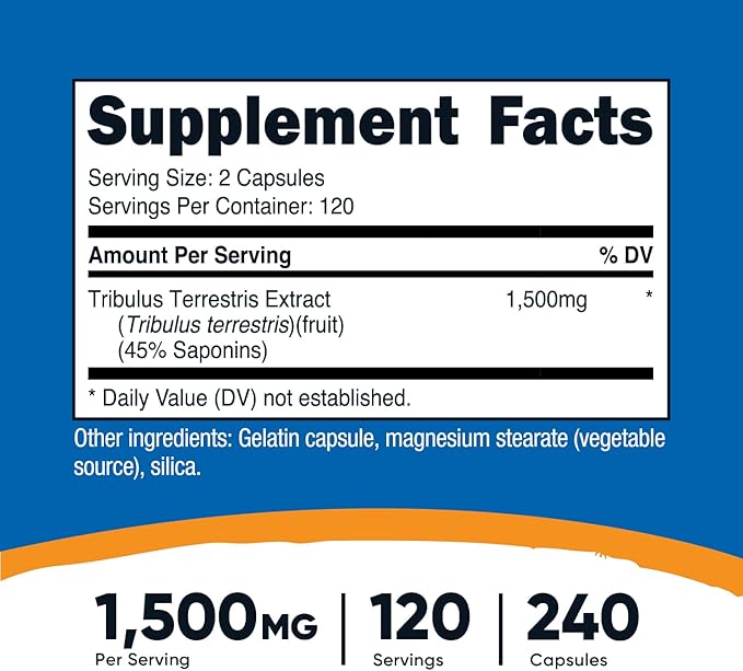 Nutricost Tribulus Terrestris Extract 1500mg, 240 Capsules - 45% Saponins, 120 Servings, Non-GMO, Gluten Free