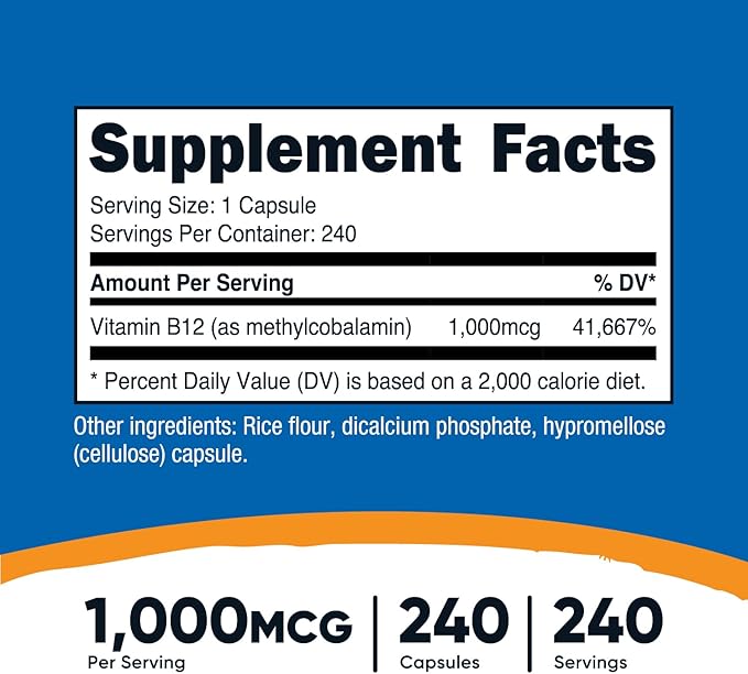 Nutricost Vitamin B12 (Methylcobalamin) 1000mcg, 240 Capsules B12 Supplement