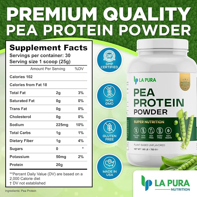 LaPura 100% Vegan Pea Protein Powder 1.65LB, Unflavored 20g Protein,