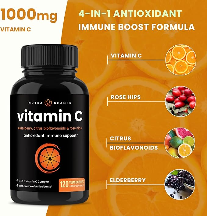 NutraChamps (2 Pack) Vitamin C 1000mg 120 Capsules 500mg Powder