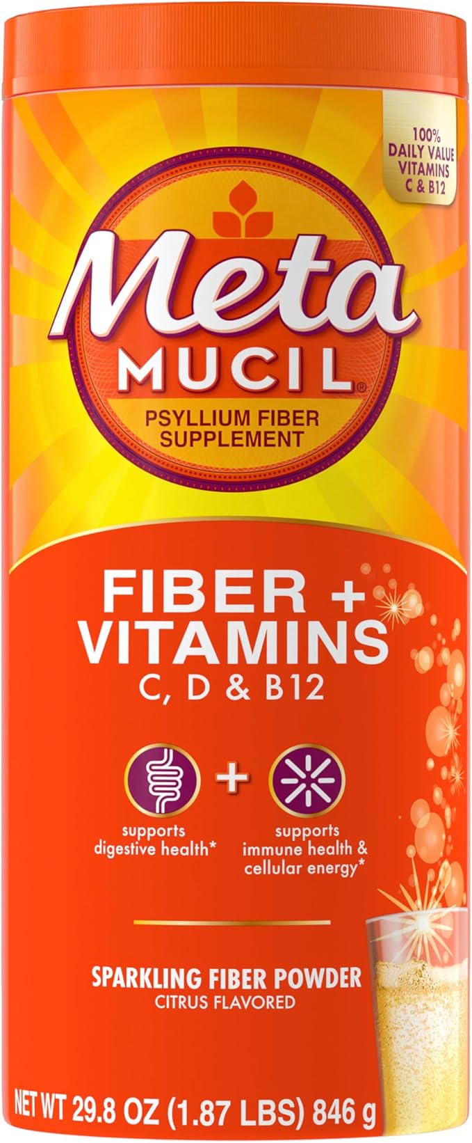 Metamucil 4-in-1 Fiber + Vitamins C, B12, Fizzy B12, Citrus 90 servings