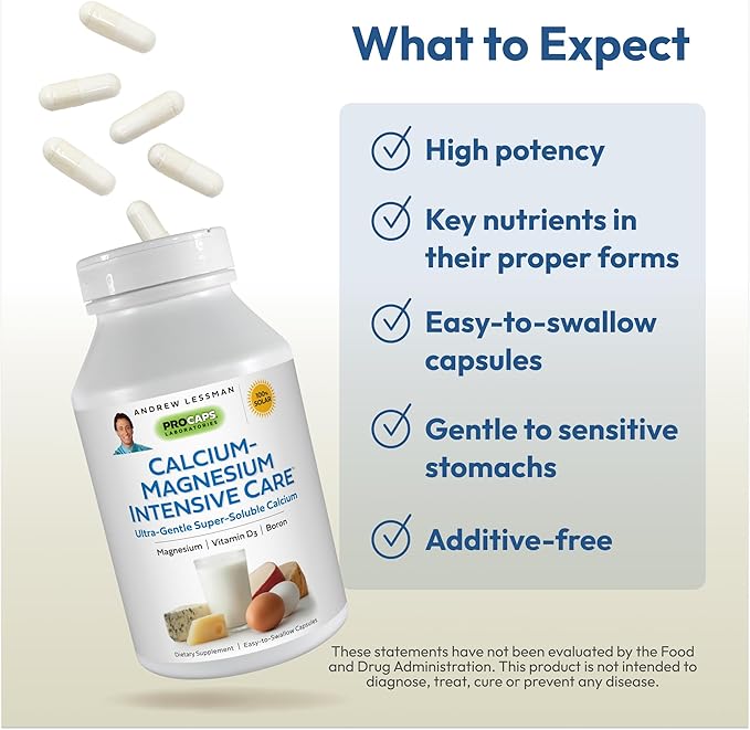 Andrew Lessman Calcium Magnesium Intensive Care 250 Capsules – Bone and Skeleton Health Essentials. Easy to Swallow Capsules with Super Soluble Fine Powder. Gentle to Even The Most Sensitive Stomachs
