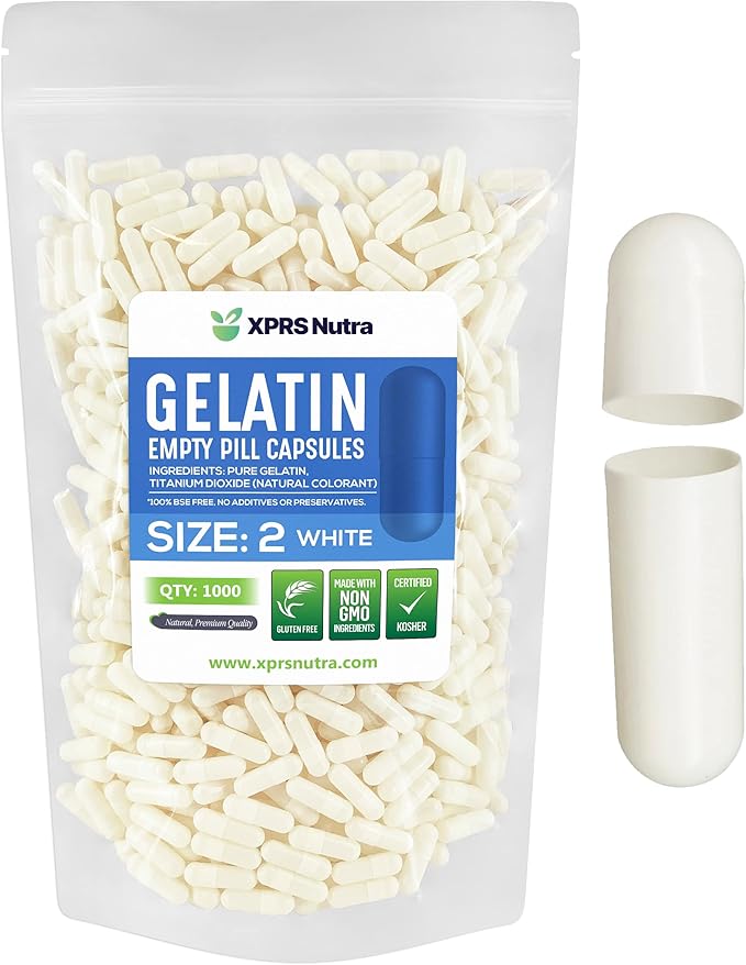 XPRS Nutra Size 2 Empty Capsules - 1000 Count Empty Gelatin Capsules - Empty Pill Capsules - DIY Capsule Filling - Pure Bovine Pill Capsules Empty Gel Caps (White)