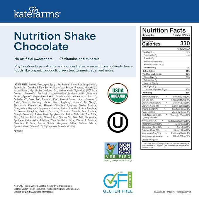 KATE FARMS Organic Nutrition Shake, Chocolate, 16g Protein, 27 Vitamins 11 oz (12 Pack)