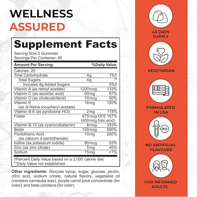 Adult Multivitamin Gummies - Easy-to-Chew Gummies with Essential Vitamins A, B6, B12, C, D, E, Folic Acid, Biotin, Iodine, and Zinc - Delicious and Convenient Daily Nutrition - 90 Gummies