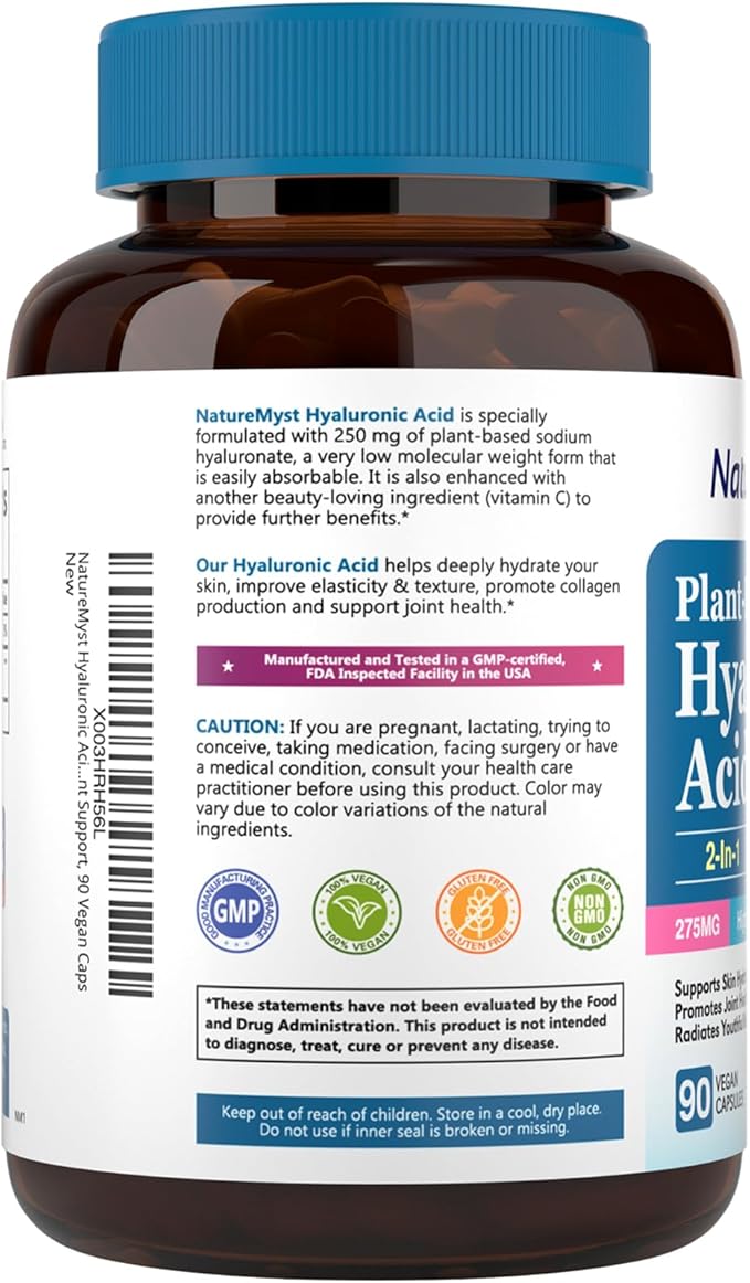 Hyaluronic Acid Supplement, with Vitamin C, 250mg Plant-Based HA, 90 Vegan Caps, for Joints, Skin & Eyes, Collagen Production, Easily Absorbable