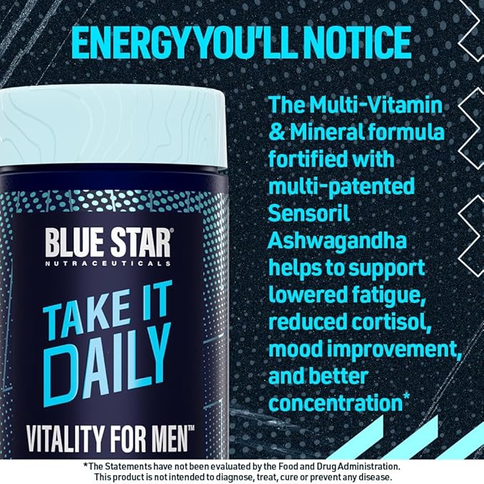 Blue Star Nutraceuticals Vitality for Men - Multivitamin & Mineral Formula for Men who Workout, w/Ashwagandha and B-Vitamins - Energy You’ll Notice - 90 Veggie Capsules
