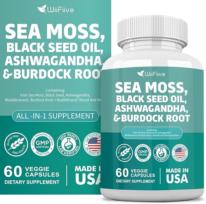 Sea Moss 3000mg Black Seed Oil 2000mg Ashwagandha 1000mg Burdock 1000mg Turmeric 1000mg Irish D3 Yellow 60 Count