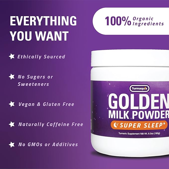 Turmaquik Organic Golden Moon Milk Turmeric Powder Mix, Super Sleep + Superfood Blend of Melatonin, Valerian, Chamomile, Lemon Balm, Ginger, Black Pepper, Curcumin, Cinnamon, Cardamom