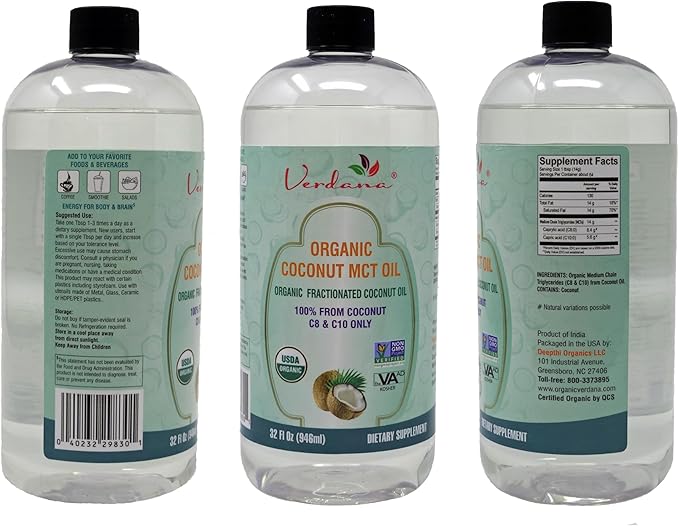 Verdana USDA Certified Organic Coconut MCT Oil –Fractionated Coconut Oil – No Palm Kernel Used – Kosher, Food Grade, Non-GMO – Great for Keto and Paleo Diets, Oil Pulling Rinse Mouthwash – 32 Fl Oz
