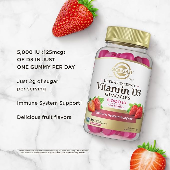 Solgar Vitamin D3 Gummies for Adults 5,000IU Ultra Potency Vitamin Immune System Support for Women & Men - Tasty Strawberry Flavor, Gluten & Gelatin Free Gummy, 2 Month Supply, 60 Servings, 2g Sugar