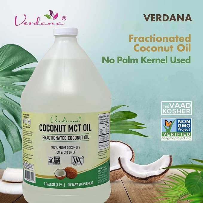 Verdana Coconut MCT Oil, Fractionated, Genuine 100% Coconut Derived, Kosher Food Grade, Vegan, NON-GMO, Great for Keto and Paleo Diet, Ayurvedic Oil Pulling Oral Rinse Mouthwash (1 Gallon)