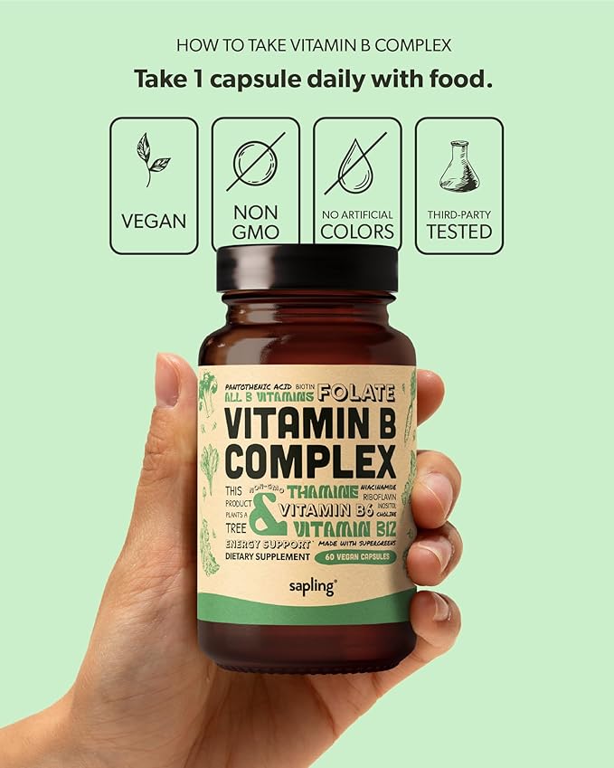 sapling Vegan Vitamin B Complex B1, B2, B2, B3, B3, B5, B5, B6, B6, B7, B7, Folate, B12-60 Caps